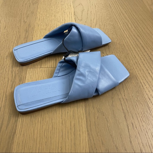 Zara Flat Padded Square Toe Sandals, Blue, Sz 37, NWT - Picture 3 of 4